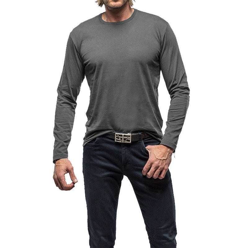 Men's new solid color round neck long sleeve t-shirt men's pure cotton bottoming shirt top T-Shirt