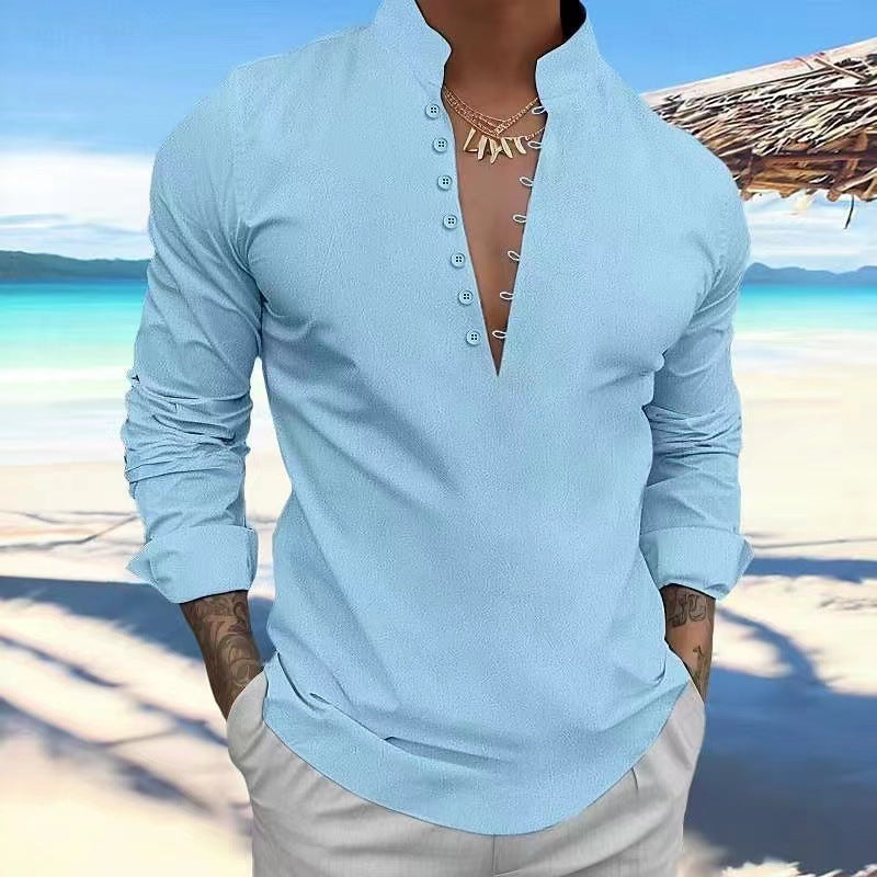 New Men's Retro Cotton and Linen Casual Stand Collar Long Sleeve Shirt