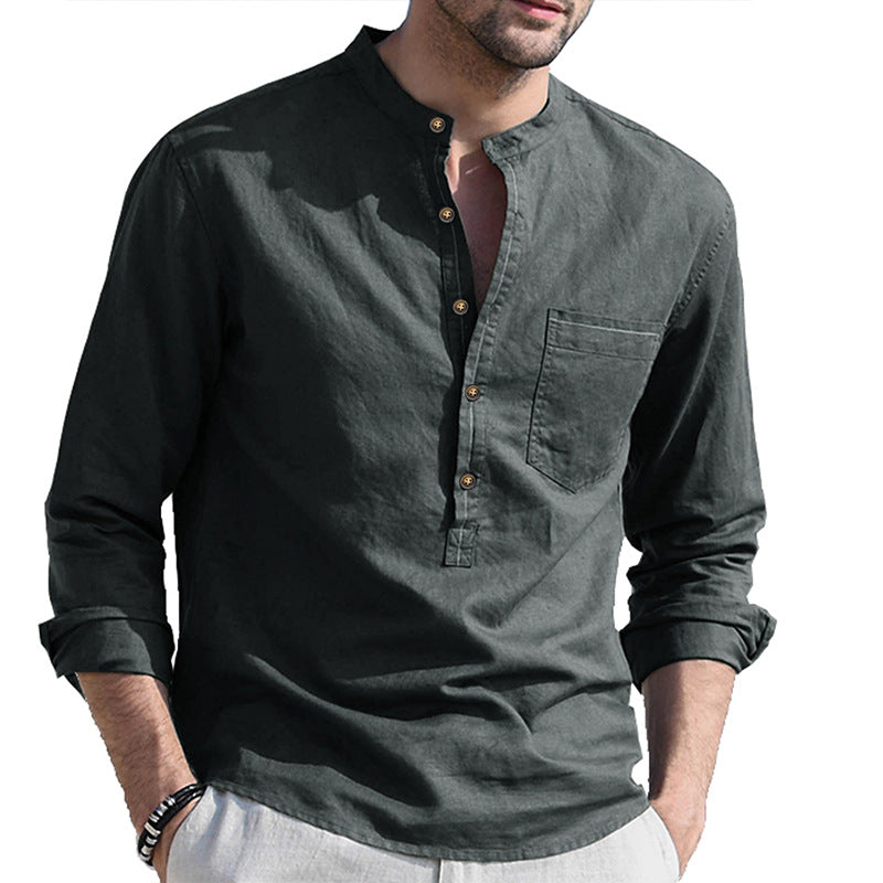 Autumn and winter small stand-up collar cotton and linen shirt, men's long-sleeved top, loose linen shirt