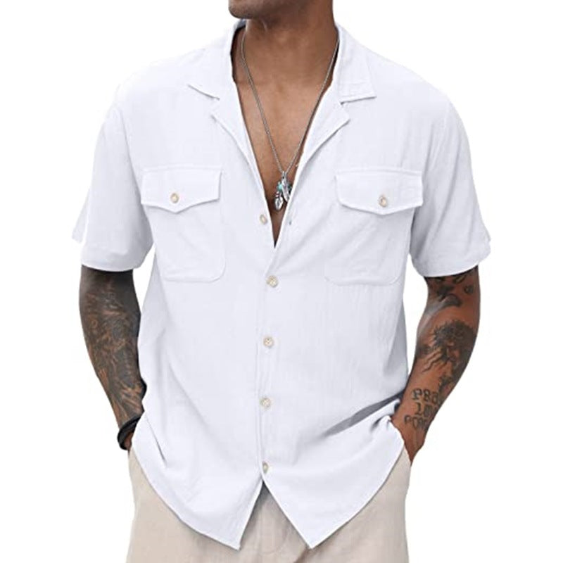 New Men's Casual Cardigan Short Sleeve Double Pocket Shirt Cotton Linen Shirt Button Shirt Summer