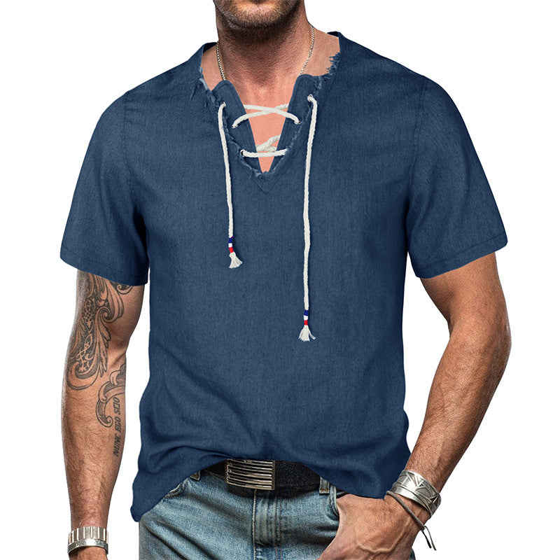 New Men's Denim Shirt Men's V-neck Lace-up Tassel Denim T-shirt Top