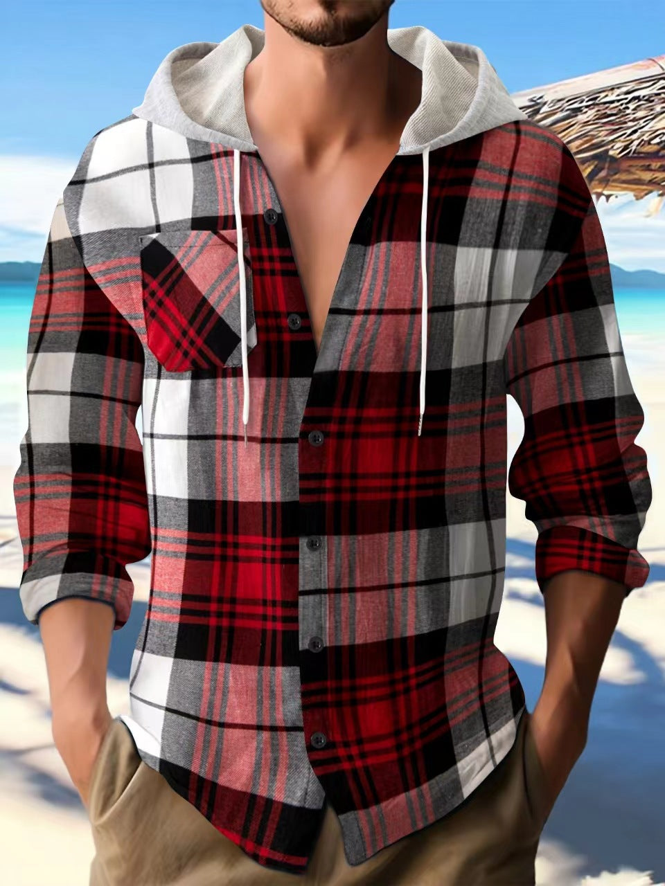 Flannel plaid hooded street casual men's shirt large size