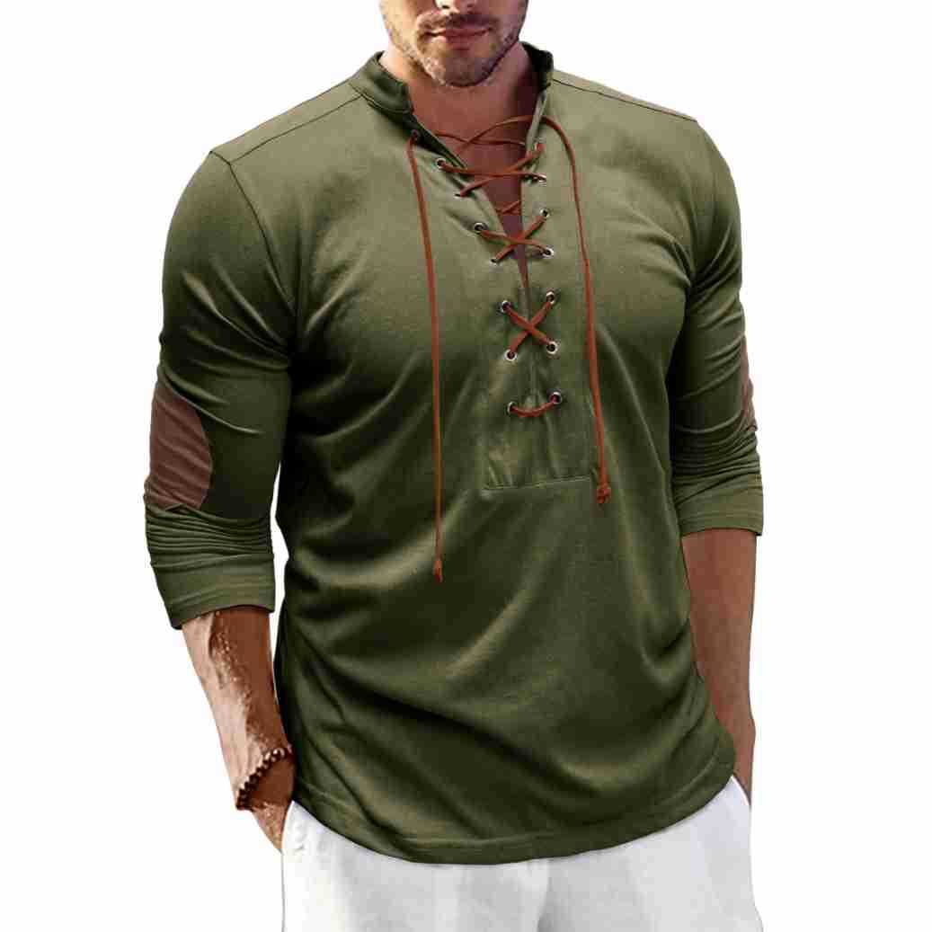 Men's long-sleeved tie stand collar retro men's t-shirt outdoor sports bottoming shirt top