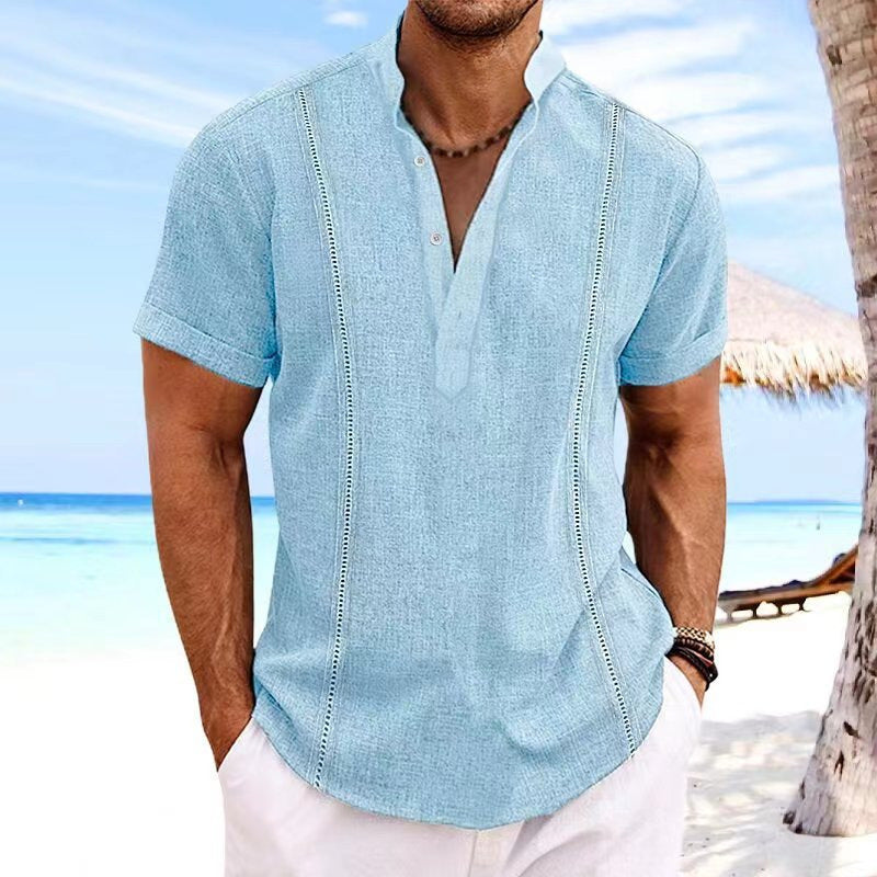 Men's short-sleeved solid color cotton and linen shirt tops