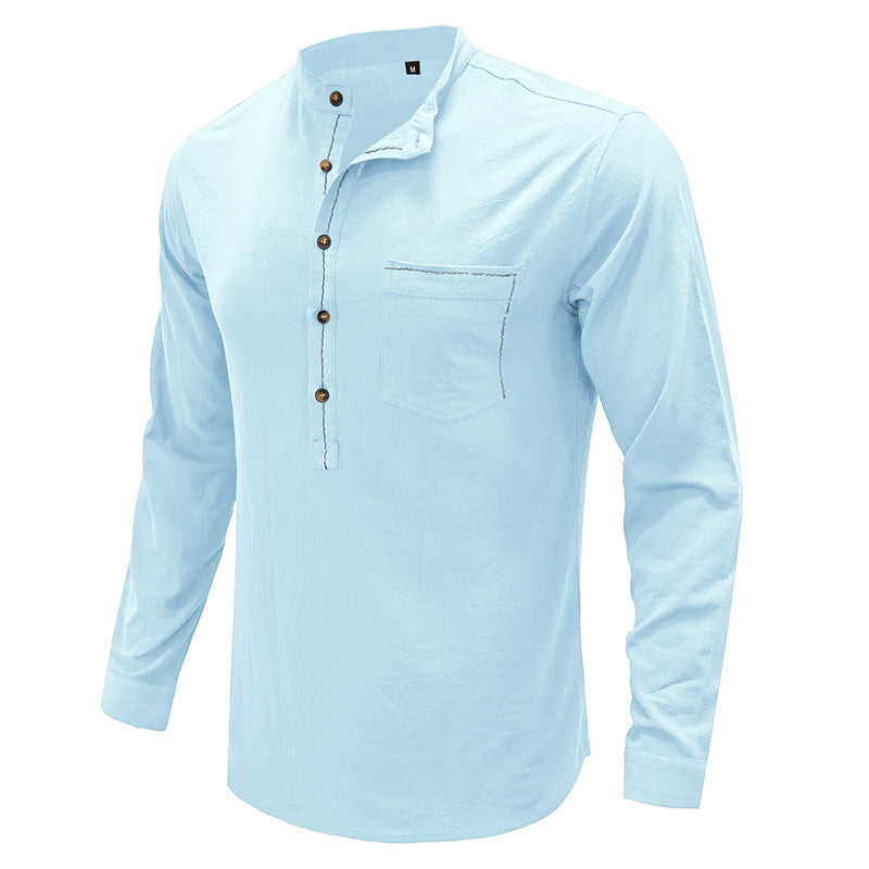 Autumn and winter small stand-up collar cotton and linen shirt, men's long-sleeved top, loose linen shirt