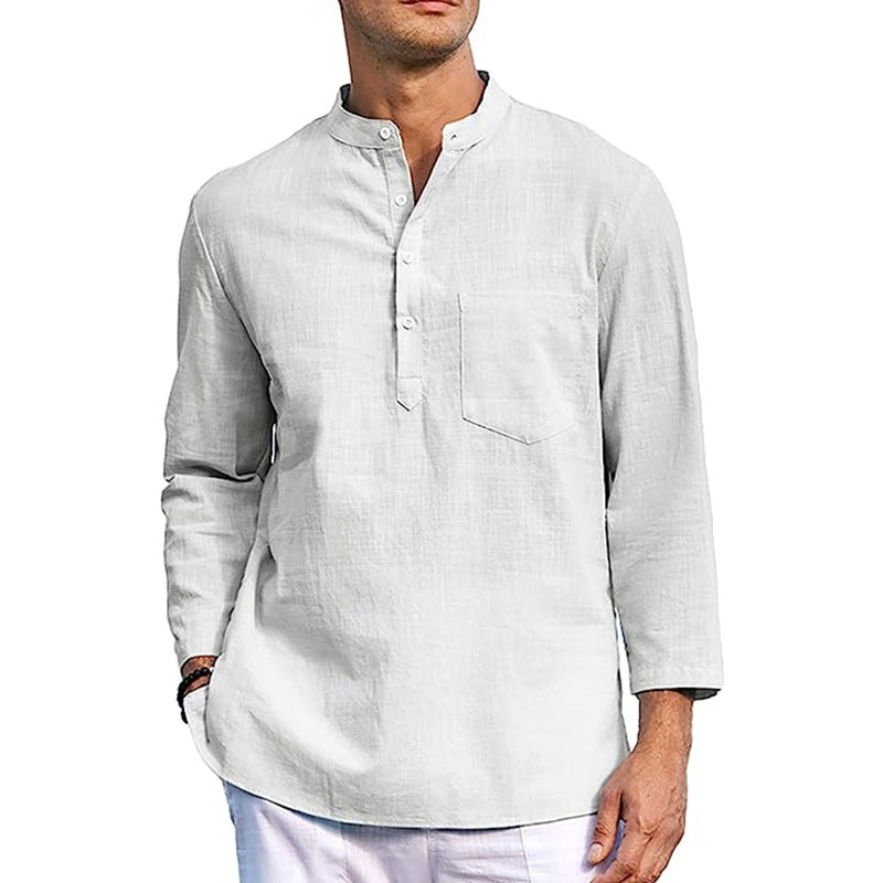 Men's Linen T-Shirt Long Sleeve Shirt Cotton Button Casual T-Shirt Tops