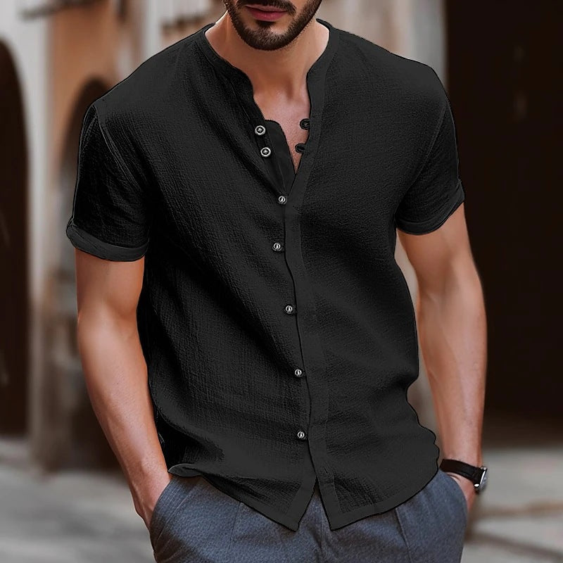 New Fashion Men's Retro Button Cotton and Linen Casual Short Sleeve Shirt