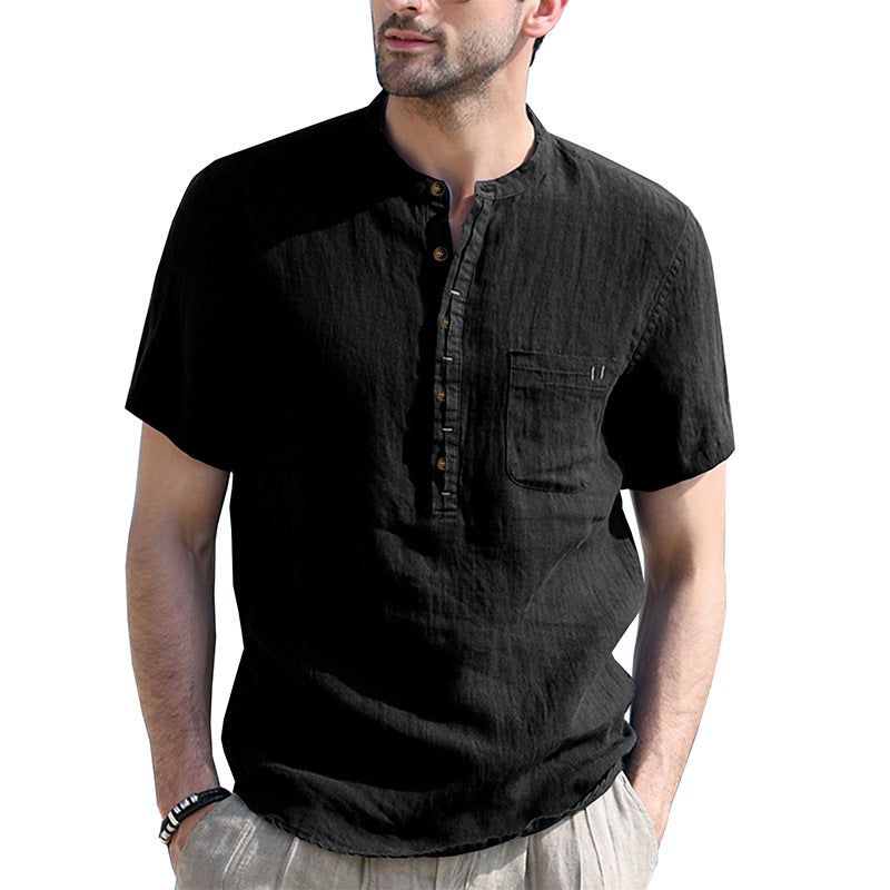 New cotton and linen men's clothing, stand-up collar, short-sleeved linen shirt sleeves, breathable and casual, soft and slim