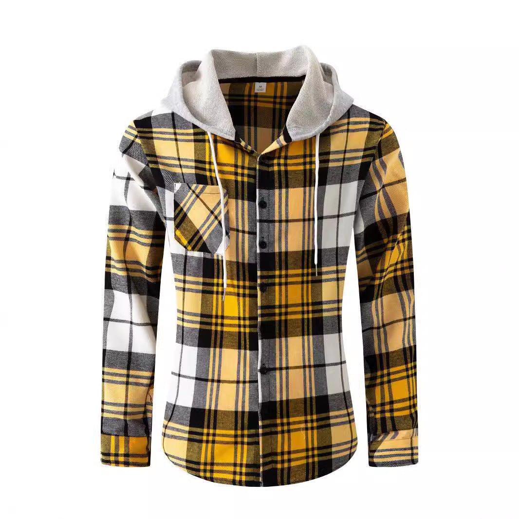 Flannel plaid hooded street casual men's shirt large size