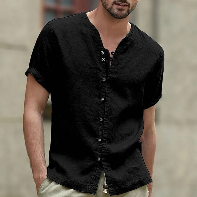 Men's Casual Cotton Linen Shirt Small Turtleneck Solid Color V-Neck Short Sleeve Loose New Style Tops