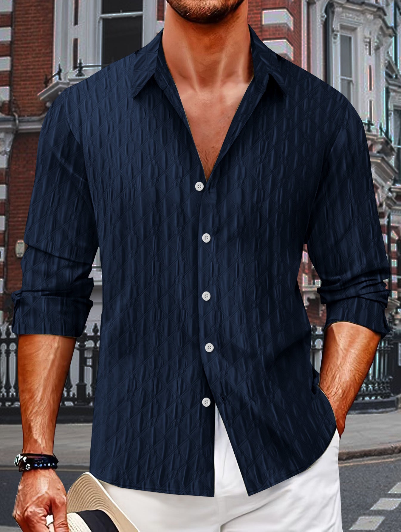 Plaid Single Breasted Men's Jacquard Lapel Long Sleeve Shirt