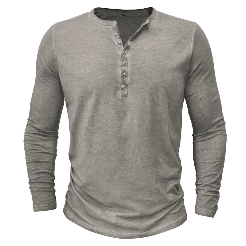 Men's Distressed Vintage Long Sleeve T-Shirt Men's Button Washed Distressed V-Neck T-Shirt Top