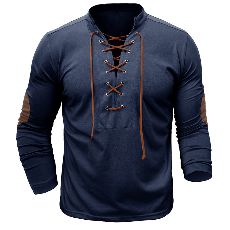 Men's long-sleeved tie stand collar retro men's t-shirt outdoor sports bottoming shirt top