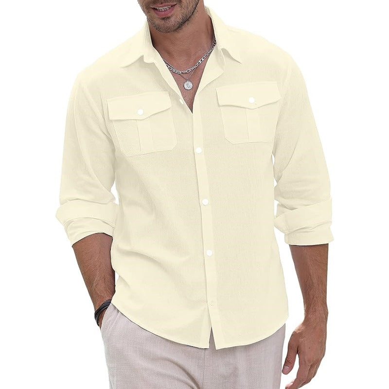 Linen Shirt Button-down Shirt Summer Beach Casual Shirt Solid Color Cotton Long Sleeve Shirt Tops