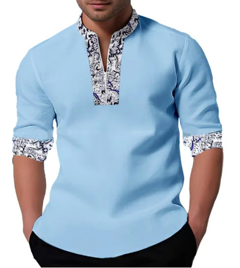 Autumn Men's Cotton and Linen Zipper Henley Collar Contrast Color Casual Long Sleeve Shirt