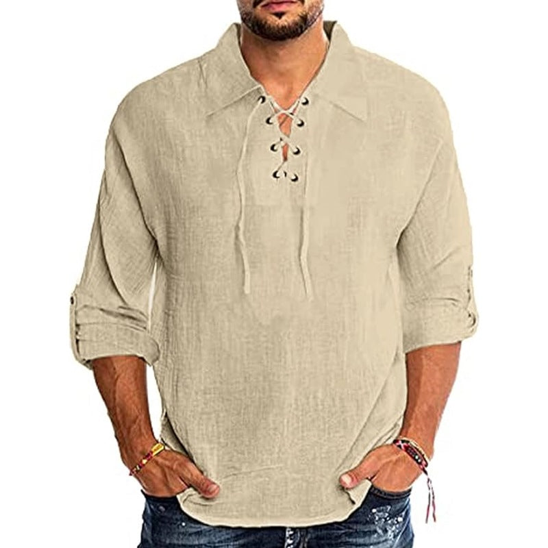 Men's Fashion Cotton and Linen Lace-up Shirt Beach Yoga Top