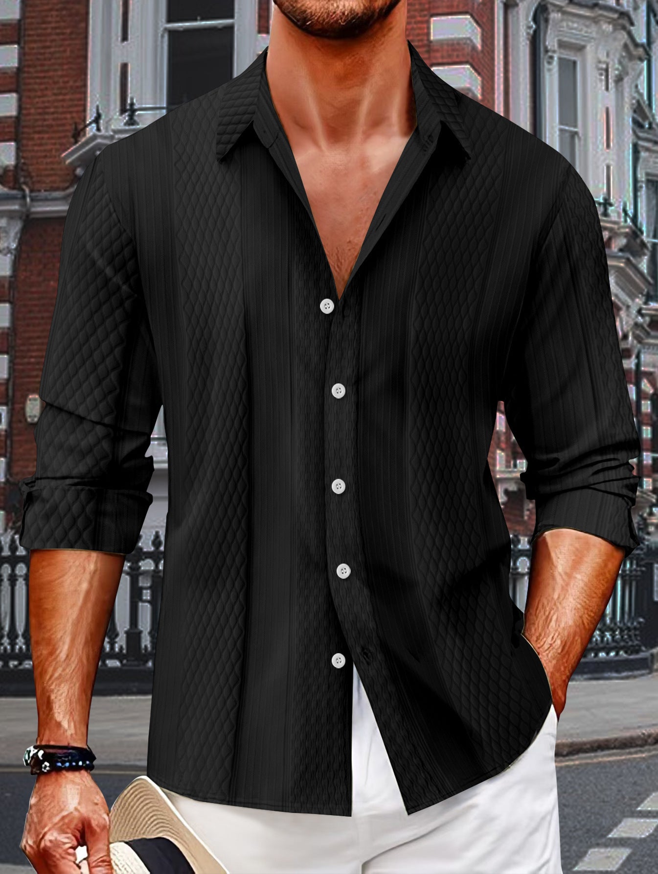 New jacquard single-breasted men's lapel long-sleeved shirt