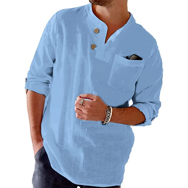 New cotton and linen loose casual solid color men's button-down long-sleeved shirt