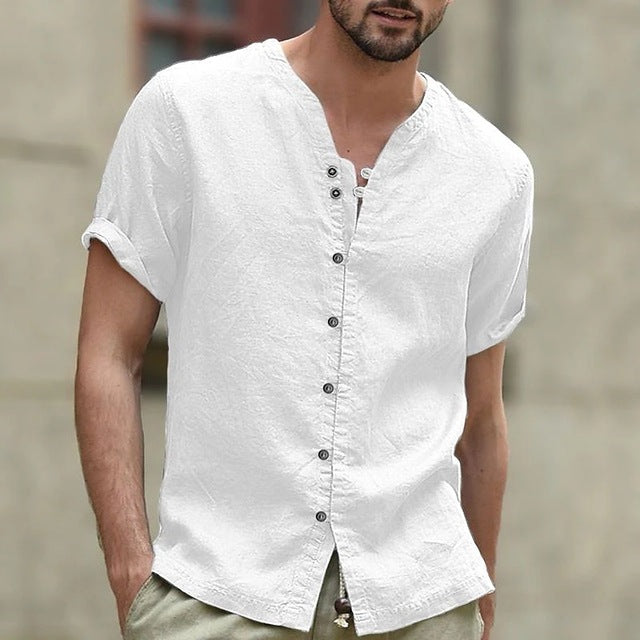 Men's Casual Cotton Linen Shirt Small Turtleneck Solid Color V-Neck Short Sleeve Loose New Style Tops