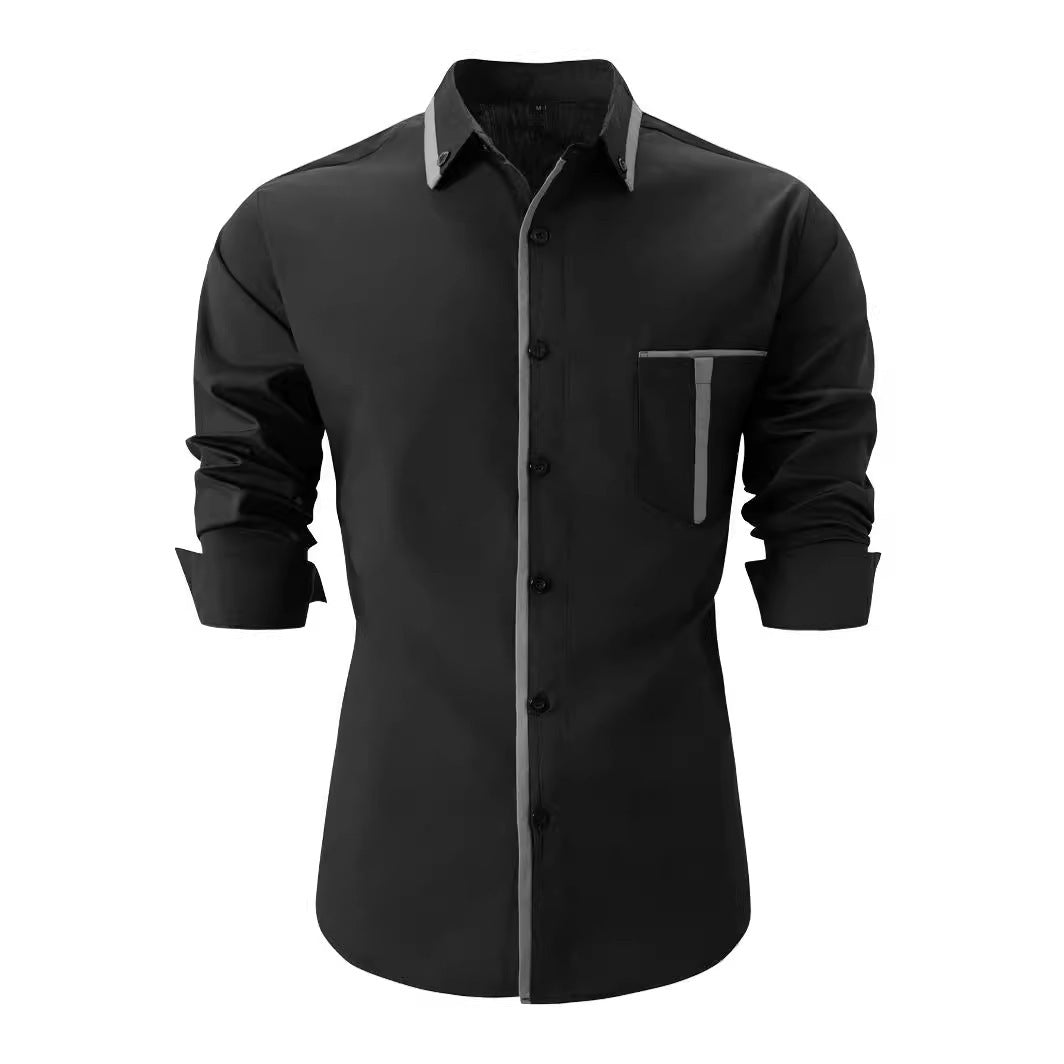 New men's pocket color matching casual loose long-sleeved shirt