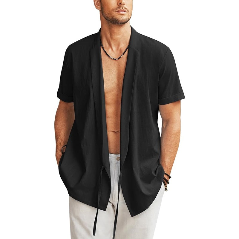 Men's Beach Shirt Cardigan Jacket Light Linen Short Sleeve Front Open Casual Shirt