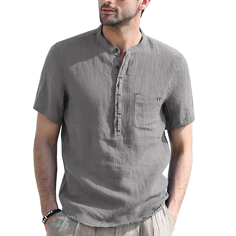 New cotton and linen men's clothing, stand-up collar, short-sleeved linen shirt sleeves, breathable and casual, soft and slim