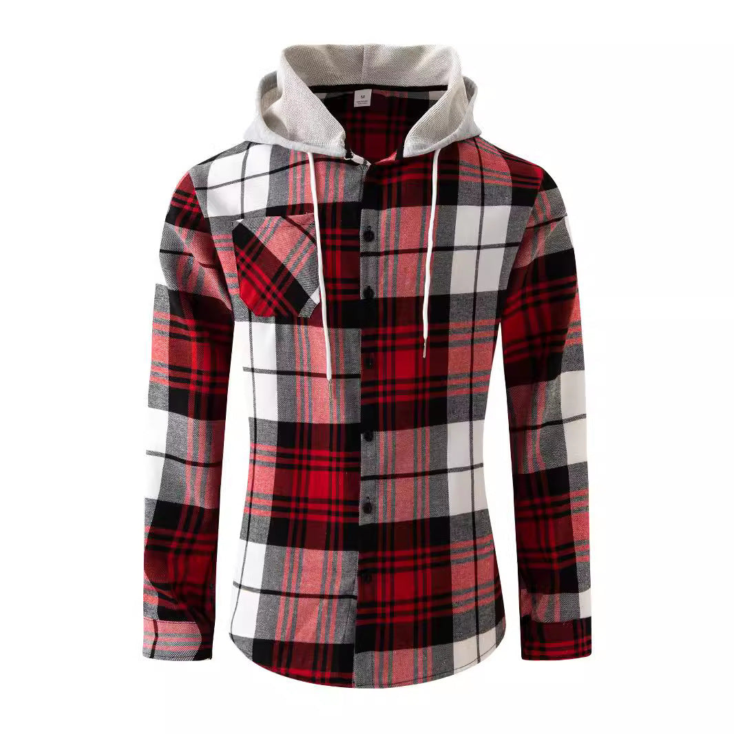 Flannel plaid hooded street casual men's shirt large size