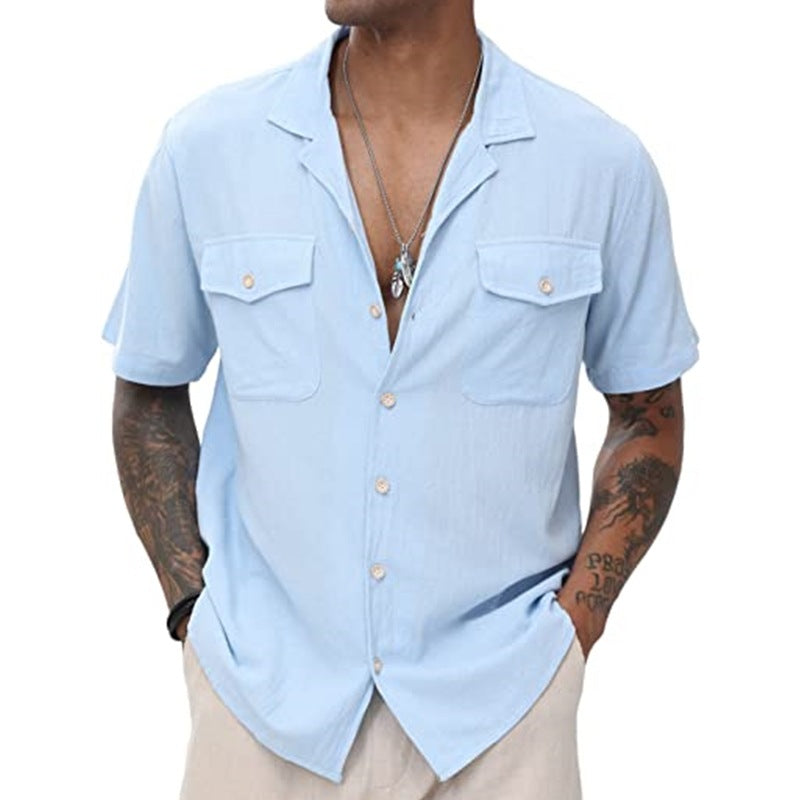 New Men's Casual Cardigan Short Sleeve Double Pocket Shirt Cotton Linen Shirt Button Shirt Summer