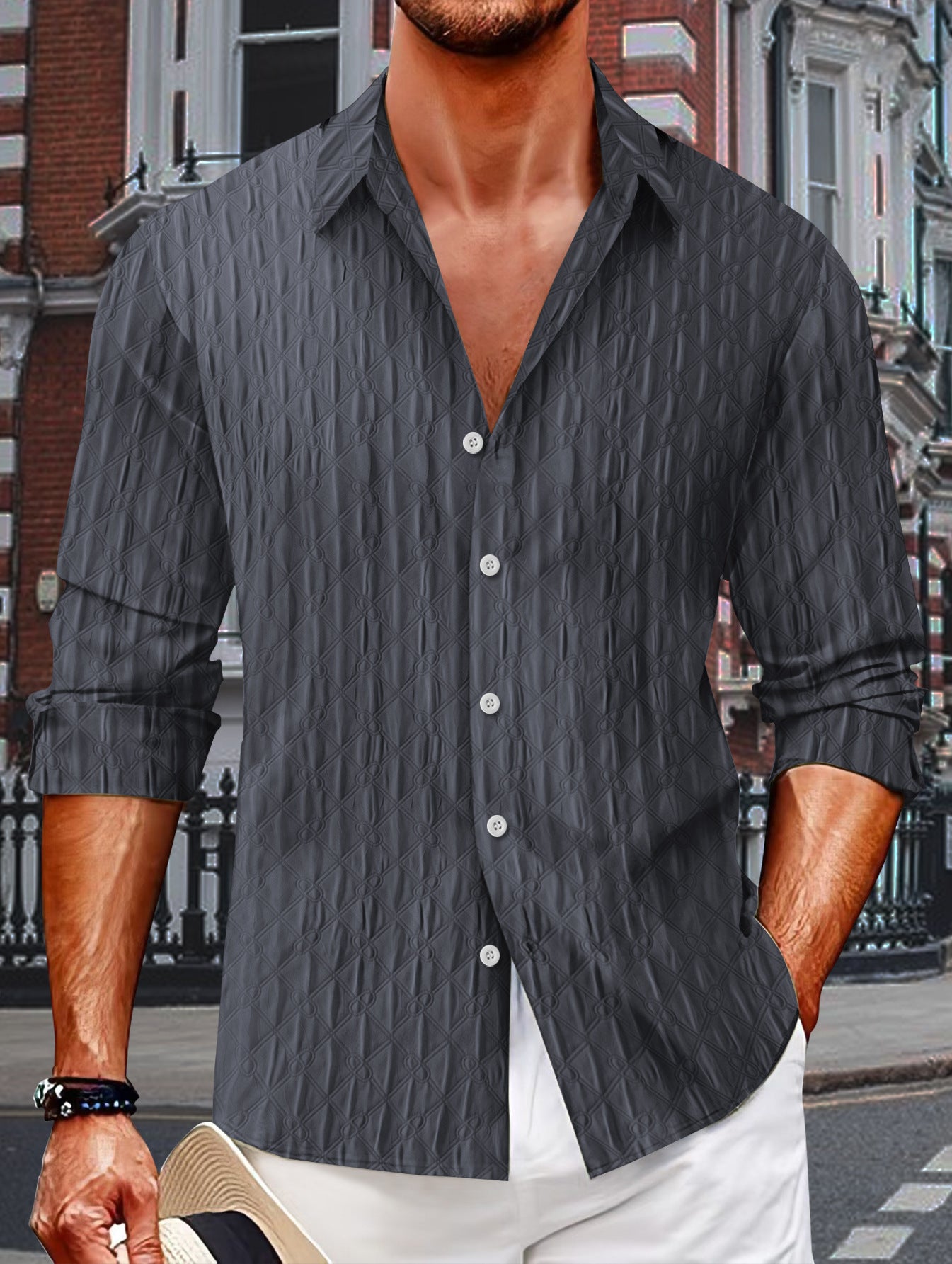 Plaid Single Breasted Men's Jacquard Lapel Long Sleeve Shirt