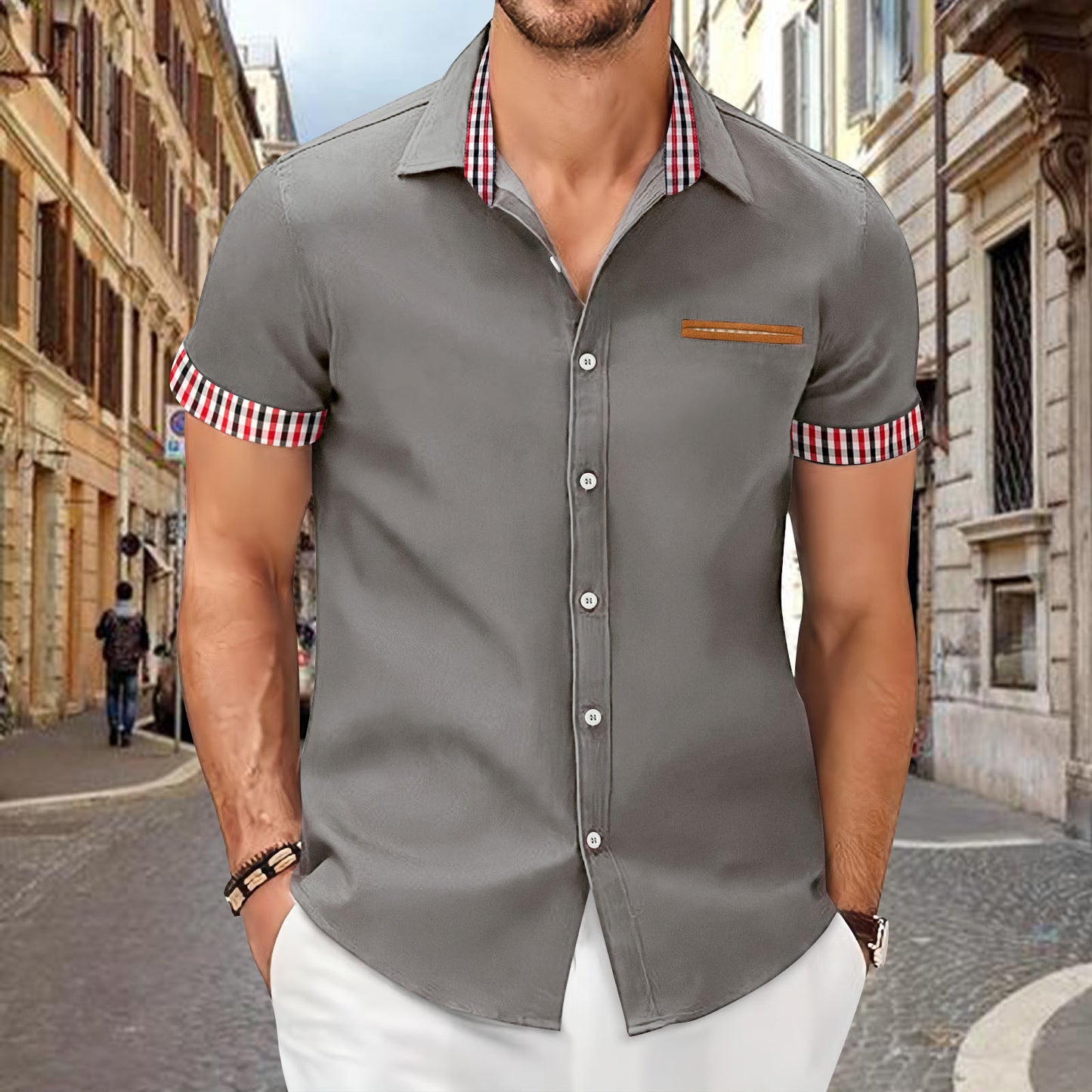 New summer fashion men's plaid color matching short-sleeved business slim casual shirt short-sleeved shirt