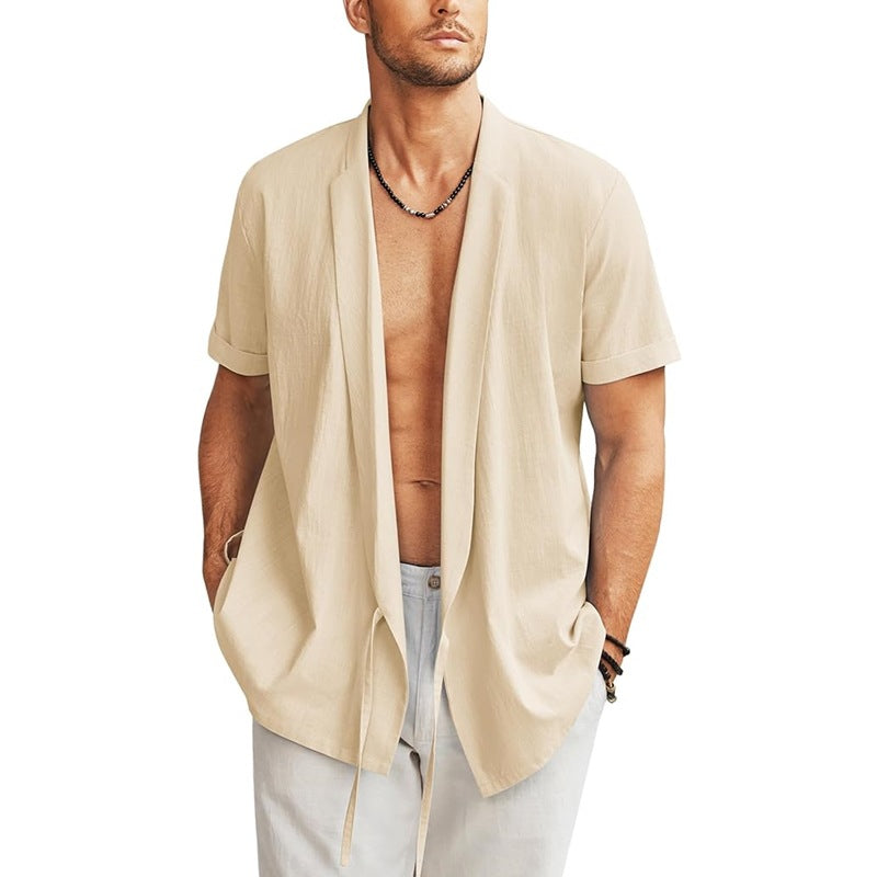 Men's Beach Shirt Cardigan Jacket Light Linen Short Sleeve Front Open Casual Shirt