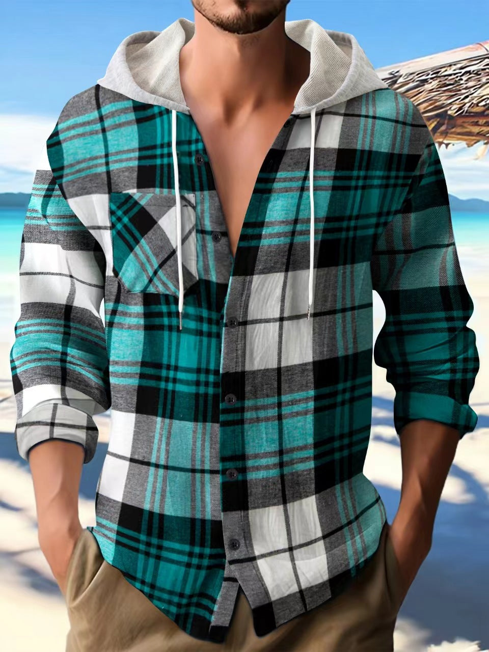 Flannel plaid hooded street casual men's shirt large size