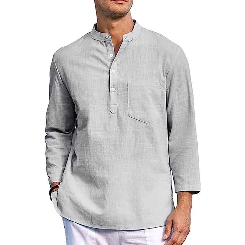 Men's Linen T-Shirt Long Sleeve Shirt Cotton Button Casual T-Shirt Tops