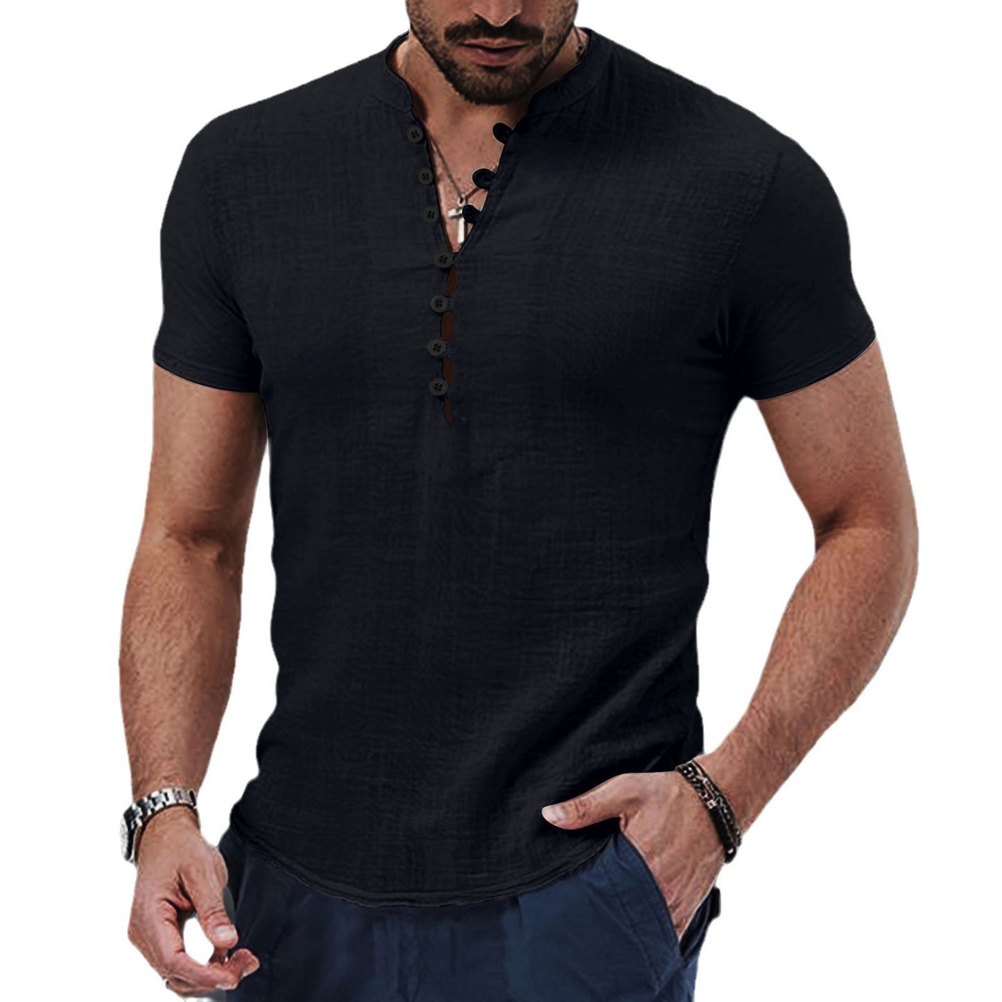 New Men's Retro Cotton and Linen Casual Collar Short Sleeve Shirt