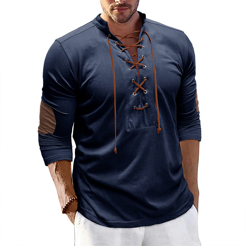 Men's long-sleeved tie stand collar retro men's t-shirt outdoor sports bottoming shirt top