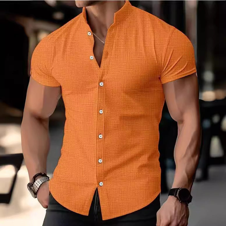 Cotton and linen summer thin casual men's stand-up collar solid color short-sleeved shirt