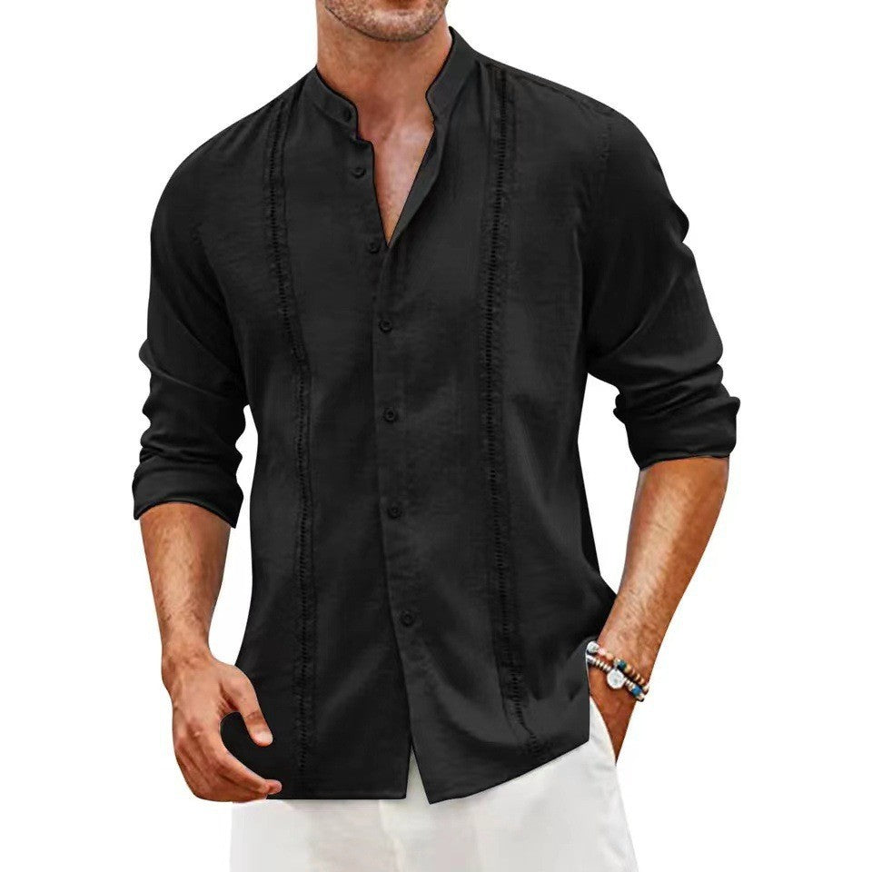 New Men's Youth Cardigan Button Solid Color Casual Stand Collar Long Sleeve Shirt