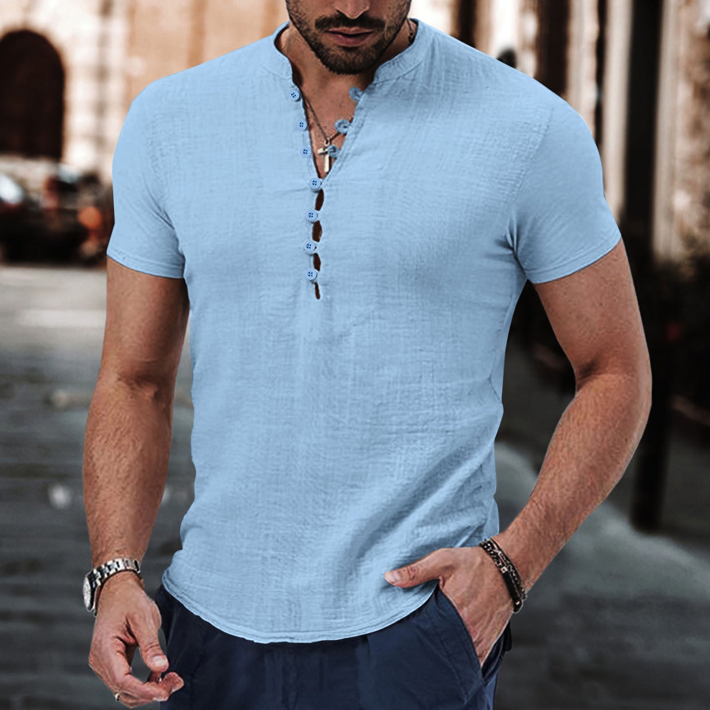 New Men's Retro Cotton and Linen Casual Collar Short Sleeve Shirt