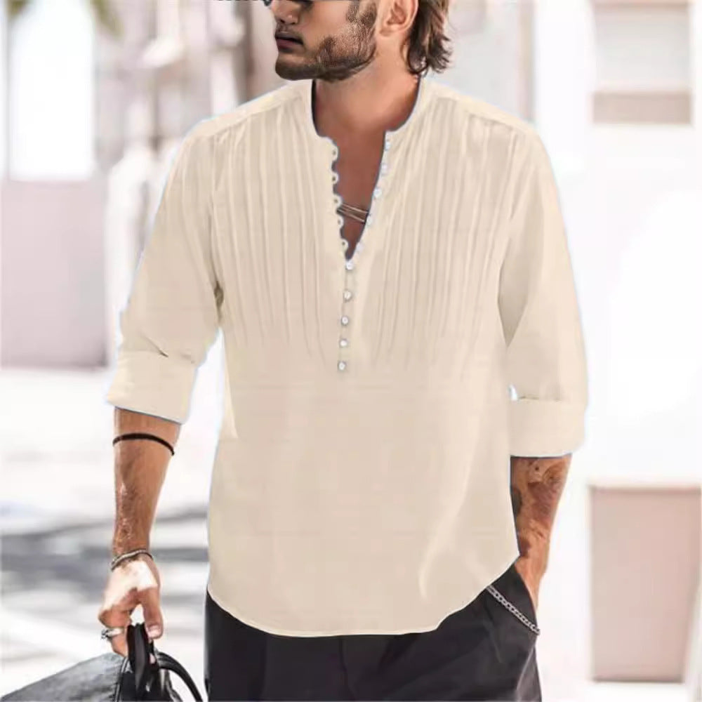 Spring and Autumn Men's Cotton and Linen Pleated Casual Slim Fit Long Sleeve Shirt