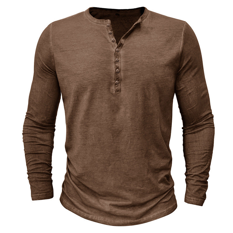 Men's Distressed Vintage Long Sleeve T-Shirt Men's Button Washed Distressed V-Neck T-Shirt Top