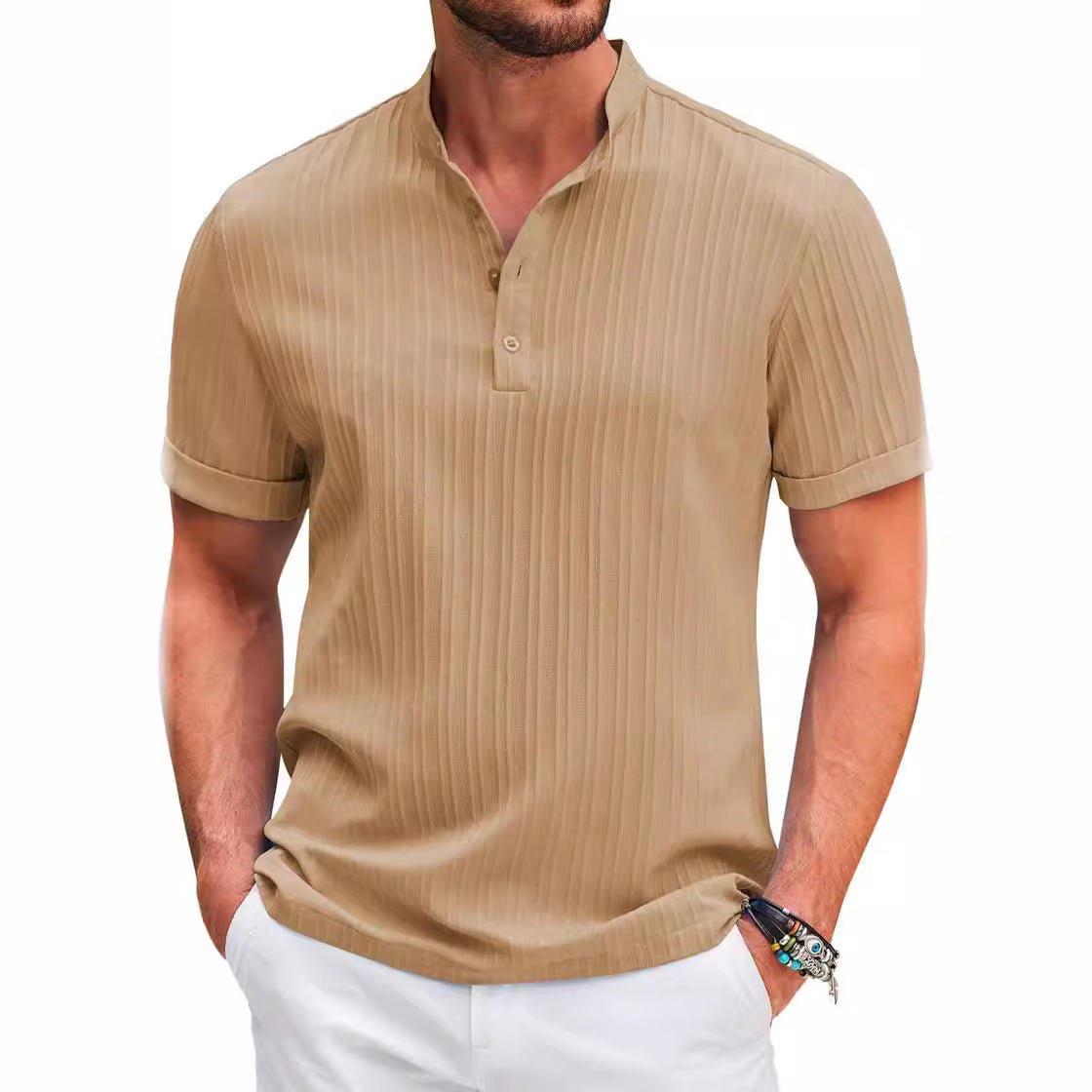 New Men's Retro Cotton and Linen Striped Casual Loose Shirt