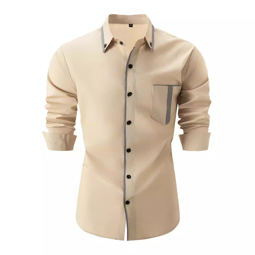 New men's pocket color matching casual loose long-sleeved shirt