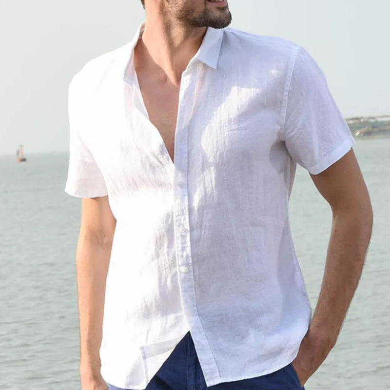 Summer short-sleeved casual cardigan men's shirt men's solid color shirt