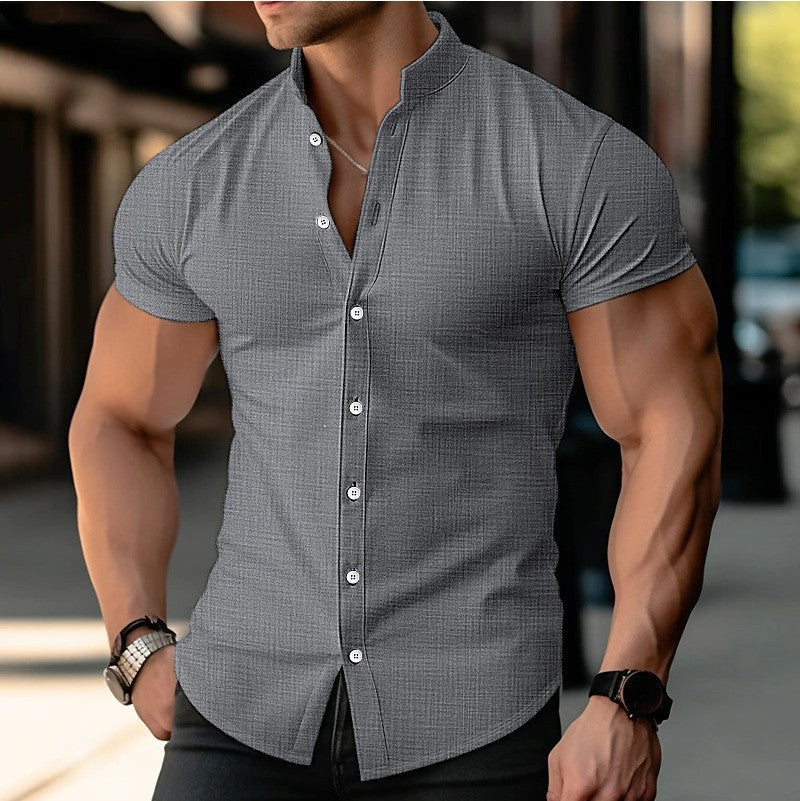 Cotton and linen summer thin casual men's stand-up collar solid color short-sleeved shirt