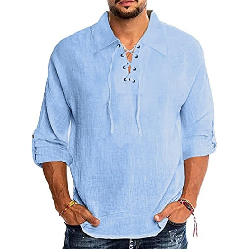 Men's Fashion Cotton and Linen Lace-up Shirt Beach Yoga Top