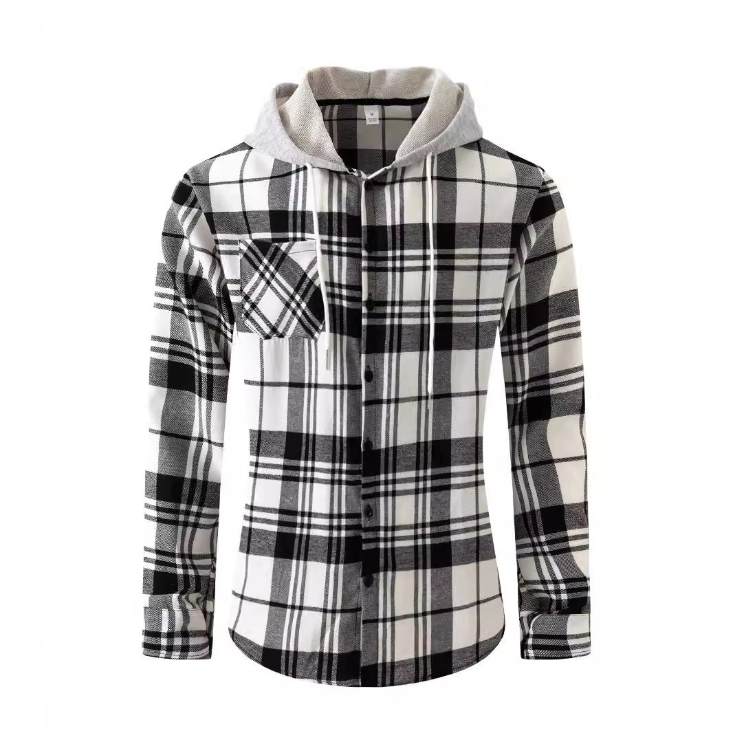 Flannel plaid hooded street casual men's shirt large size