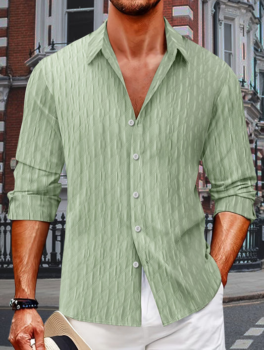 Plaid Single Breasted Men's Jacquard Lapel Long Sleeve Shirt