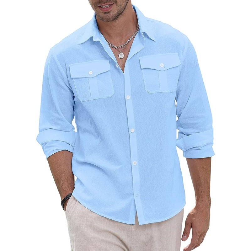 Linen Shirt Button-down Shirt Summer Beach Casual Shirt Solid Color Cotton Long Sleeve Shirt Tops