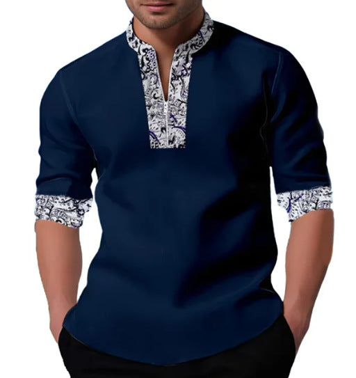 Autumn Men's Cotton and Linen Zipper Henley Collar Contrast Color Casual Long Sleeve Shirt