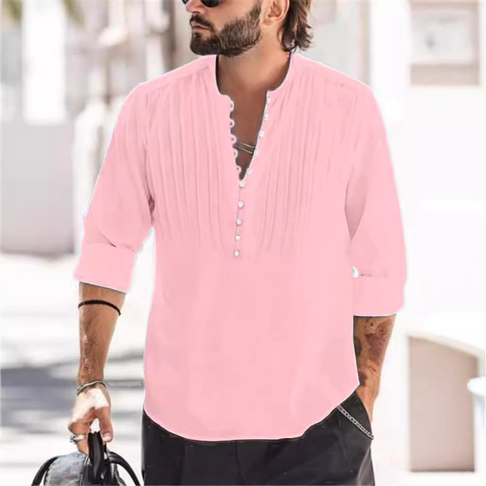 Spring and Autumn Men's Cotton and Linen Pleated Casual Slim Fit Long Sleeve Shirt